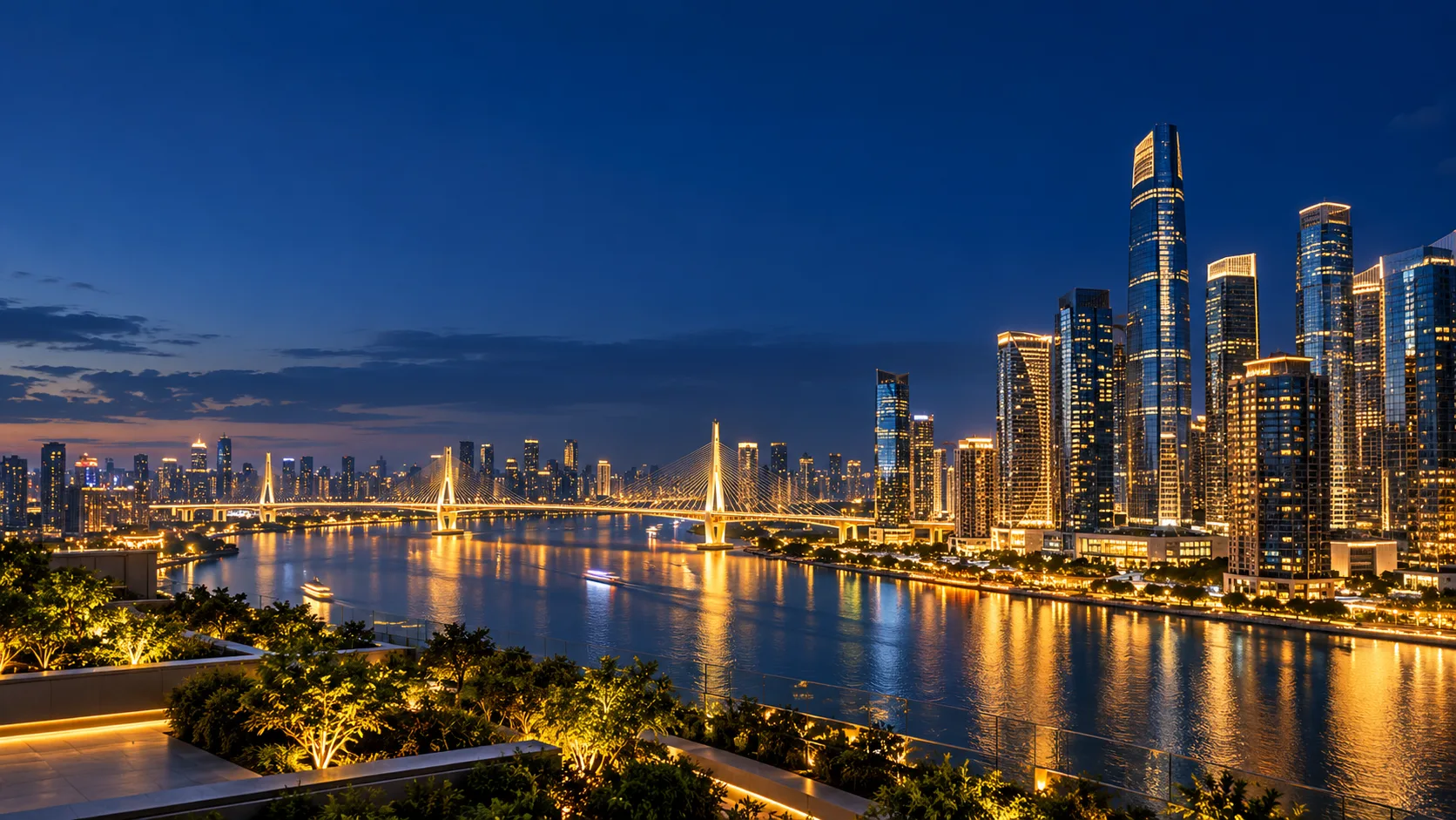 Gold-lit city and bridge reflected across water at night