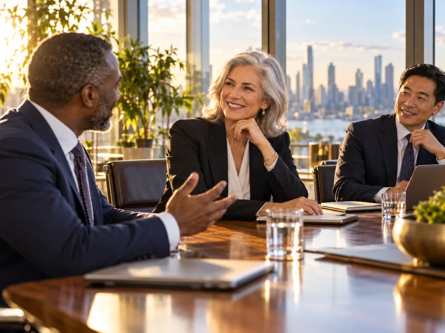 Leadership team speaking in a bright glass boardroom