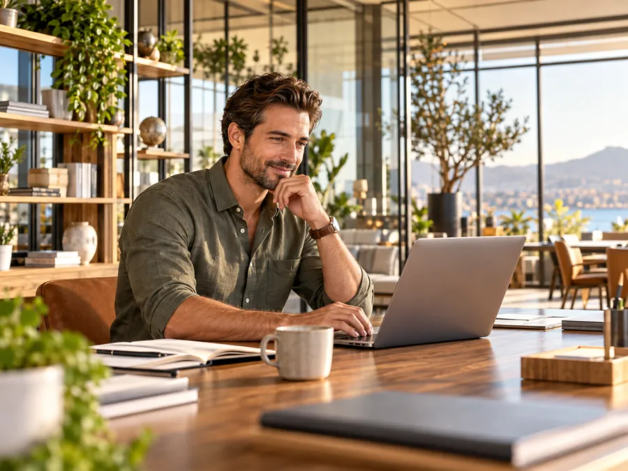 Operations manager reviewing work in a sunlit office