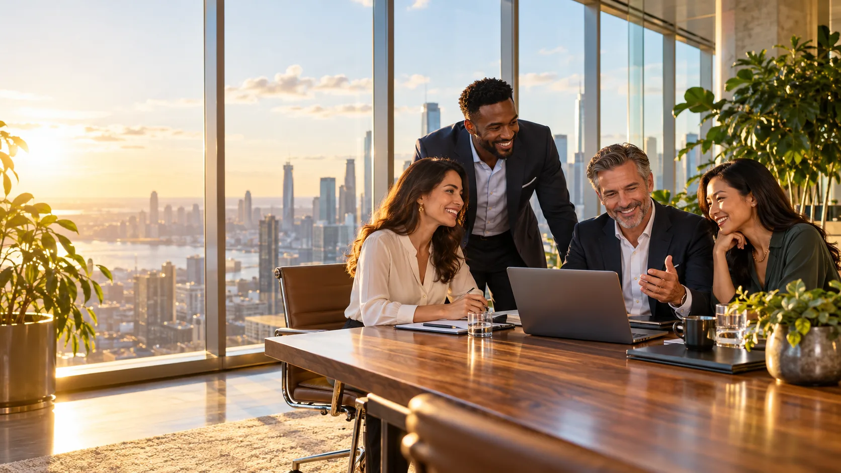 Colleagues collaborating in a sunlit office overlooking the city